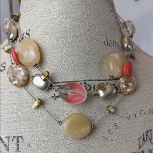 3 Strands Multi-Color Beaded Necklace marked NY Large Beads Silver-tone chains